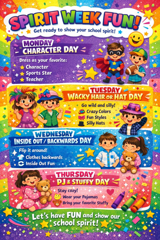Spirit Week March 9 - 12 | Monday: Character Day | Tuesday: Wacky Hair / Hat Day | Wednesday: Inside Out / Backwards Day | Thursday: PJ & Stuffy Day